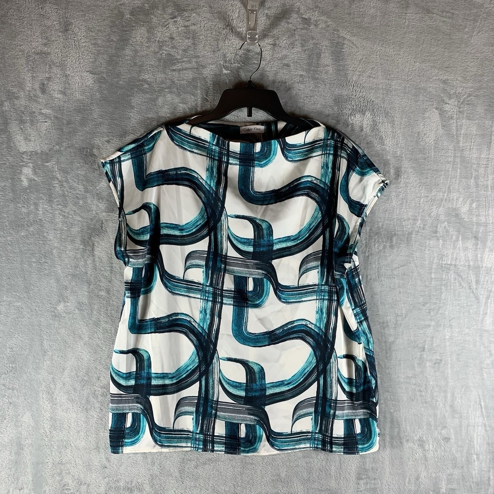 Calvin Klein Women's Top Cap Sleeve XL Blue‎ Geometric Office Shell Career